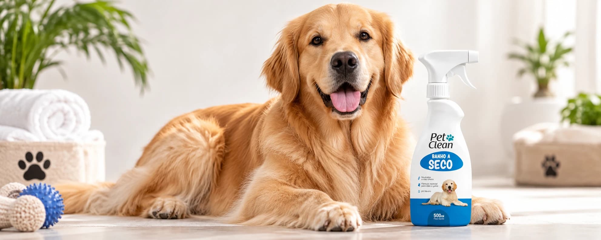 Cão golden retriever ao lado do Banho a Seco Pet Clean