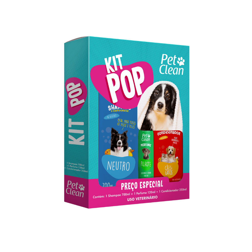 Kit Banho Pop Pet Clean — shampoo, perfume e condicionador